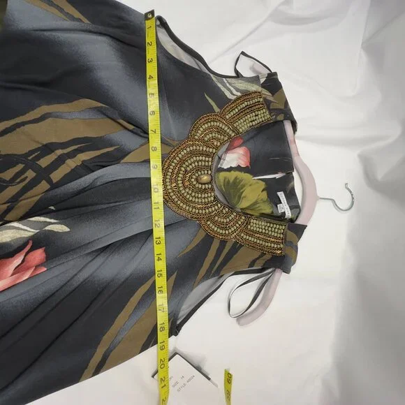 NWT Sandra Darren SZ14 Green, Black Pink Floral Beaded Neckline Sleeveless Dress - Picture 5 of 12